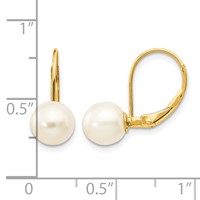 14K Yellow Gold 7-8mm White Round Freshwater Cultured Pearl Leverback Earrings view 4