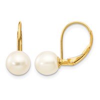 14K Yellow Gold 7-8mm White Round Freshwater Cultured Pearl Leverback Earrings view 1