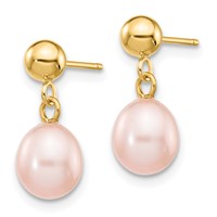 14K Yellow Gold 6-7mm Pink Rice Freshwater Cultured Pearl Dangle Post Earrings view 2