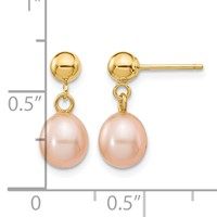 14K Yellow Gold 6-7mm Pink Rice Freshwater Cultured Pearl Dangle Post Earrings view 4