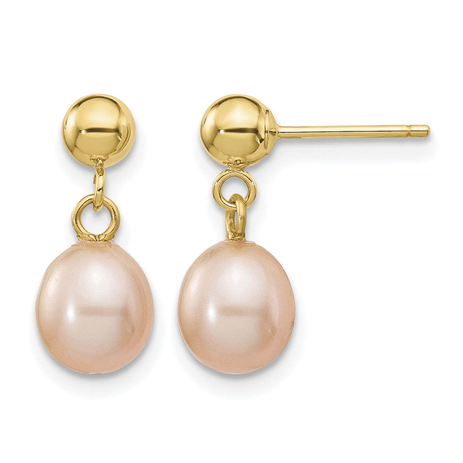 14k 6-7mm Pink Rice Freshwater Cultured Pearl Post Dangle Earrings (XF267E)