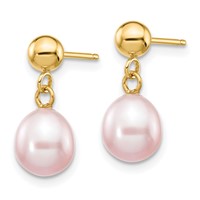 14K Yellow Gold 6-7mm Purple Rice Freshwater Cultured Pearl Dangle Post Earrings view 2