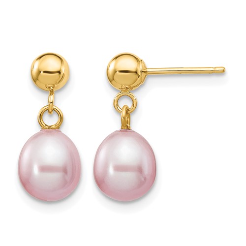 14K Yellow Gold 6-7mm Purple Rice Freshwater Cultured Pearl Dangle Post Earrings