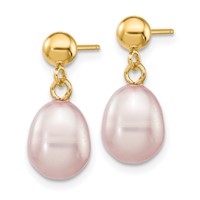 14K Yellow Gold 7-8mm Purple Rice Freshwater Cultured Pearl Dangle Post Earrings view 2