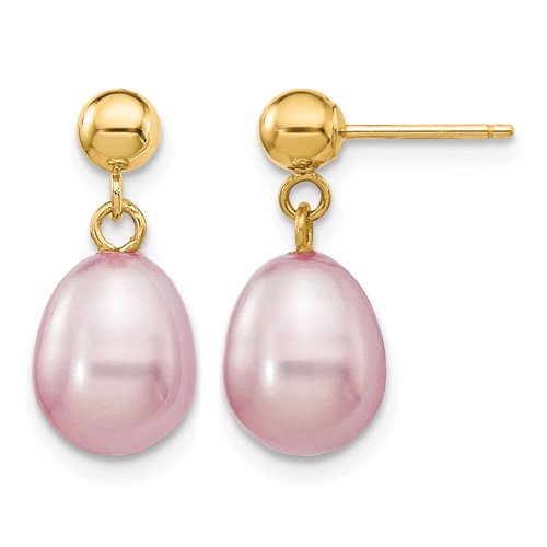 14K Yellow Gold 7-8mm Purple Rice Freshwater Cultured Pearl Dangle Post Earrings