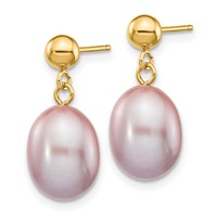 14K Yellow Gold 8-9mm Purple Rice Freshwater Cultured Pearl Dangle Post Earrings view 2