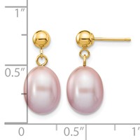 14K Yellow Gold 8-9mm Purple Rice Freshwater Cultured Pearl Dangle Post Earrings view 4
