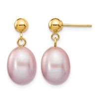 14K Yellow Gold 8-9mm Purple Rice Freshwater Cultured Pearl Dangle Post Earrings view 1