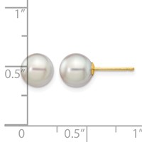 14K Yellow Gold 7-8mm Grey Round Akoya Saltwater Cultured Pearl Post Earrings view 4