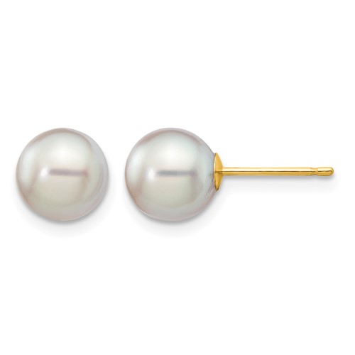 14K Yellow Gold 7-8mm Grey Round Akoya Saltwater Cultured Pearl Post Earrings