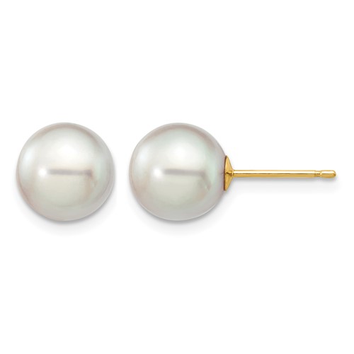 14K Yellow Gold 8-9mm Grey Round Akoya Saltwater Cultured Pearl Post Earrings