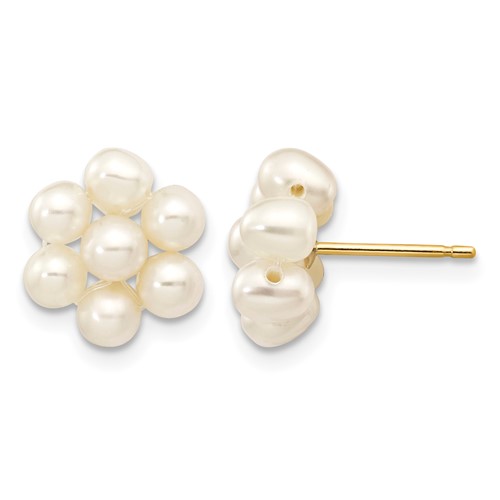 14K Yellow Gold 3-4mm White Egg-shape Freshwater Cultured Pearl Flower Post Earrings