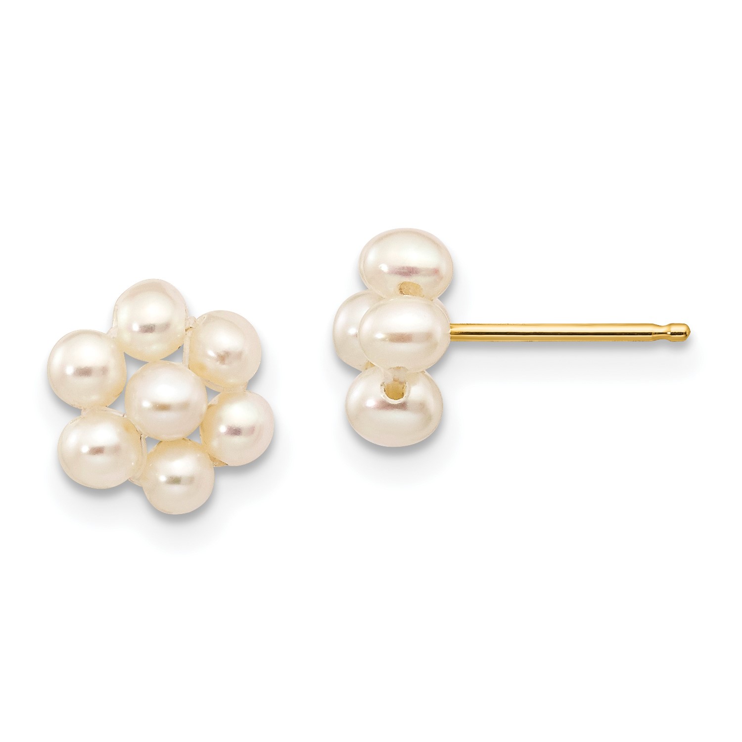 14k Yellow Gold Small White Freshwater Cultured Pearl Flower Earrings ...