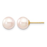 14K Yellow Gold 7-8mm White Round Akoya Saltwater Cultured Pearl Stud Post Earrings view 1