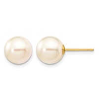 14K Yellow Gold 8-9mm White Round Akoya Saltwater Cultured Pearl Stud Post Earrings view 1