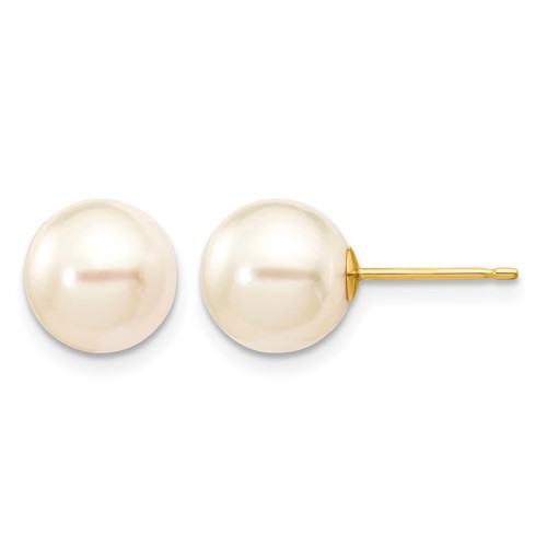 14K Yellow Gold 8-9mm White Round Akoya Saltwater Cultured Pearl Stud Post Earrings