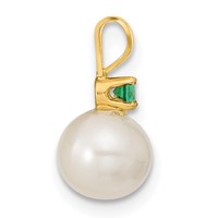 14K Yellow Gold 7-8mm White Round Freshwater Cultured Pearl and.21EM Emerald Post Earrings and Pendant Set view 2