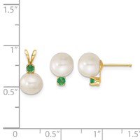 14K Yellow Gold 7-8mm White Round Freshwater Cultured Pearl and.21EM Emerald Post Earrings and Pendant Set view 3