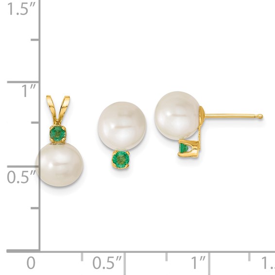 14k 7-8mm White FW Cultured Pearl & Emerald Stud Earrings & Pendant Sets