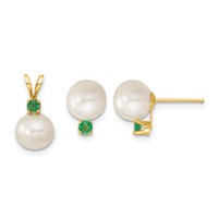 14K Yellow Gold 7-8mm White Round Freshwater Cultured Pearl and.21EM Emerald Post Earrings and Pendant Set view 1