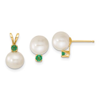 14k 7-8mm White FW Cultured Pearl & Emerald Stud Earrings & Pendant Sets