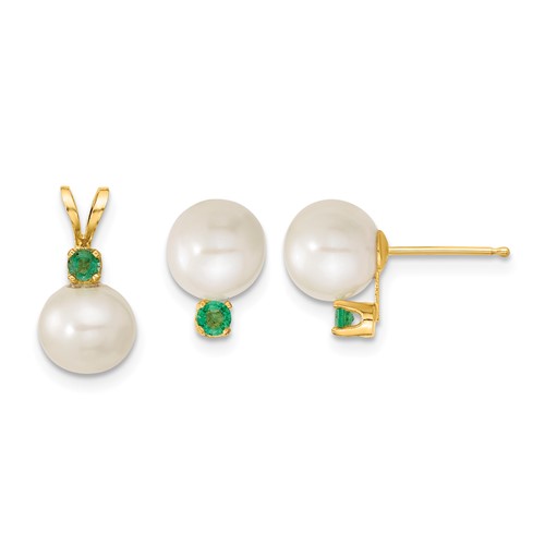 14K Yellow Gold 7-8mm White Round Freshwater Cultured Pearl and.21EM Emerald Post Earrings and Pendant Set
