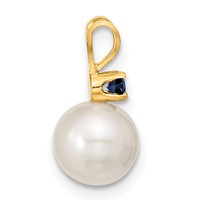 14K Yellow Gold 7-8mm White Round Freshwater Cultured Pearl and.30SA Sapphire Post Earrings and Pendant Set view 2