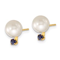 14K Yellow Gold 7-8mm White Round Freshwater Cultured Pearl and.30SA Sapphire Post Earrings and Pendant Set view 5