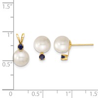 14K Yellow Gold 7-8mm White Round Freshwater Cultured Pearl and.30SA Sapphire Post Earrings and Pendant Set view 3