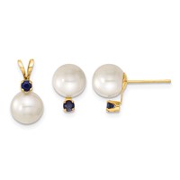 14K Yellow Gold 7-8mm White Round Freshwater Cultured Pearl and.30SA Sapphire Post Earrings and Pendant Set view 1