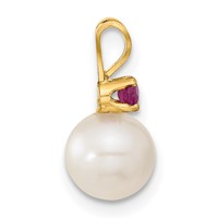 14K Yellow Gold 7-8mm White Round Freshwater Cultured Pearl and .30RU Ruby Post Earrings and Pendant Set view 2