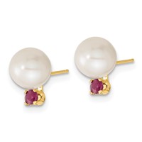 14K Yellow Gold 7-8mm White Round Freshwater Cultured Pearl and .30RU Ruby Post Earrings and Pendant Set view 5