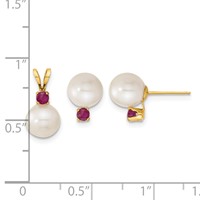 14K Yellow Gold 7-8mm White Round Freshwater Cultured Pearl and .30RU Ruby Post Earrings and Pendant Set view 3
