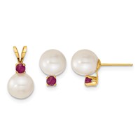 14K Yellow Gold 7-8mm White Round Freshwater Cultured Pearl and .30RU Ruby Post Earrings and Pendant Set view 1