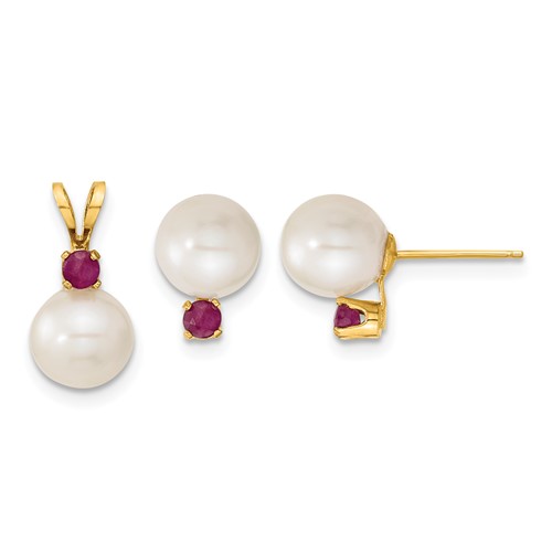 14K Yellow Gold 7-8mm White Round Freshwater Cultured Pearl and.30RU Ruby Post Earrings and Pendant Set