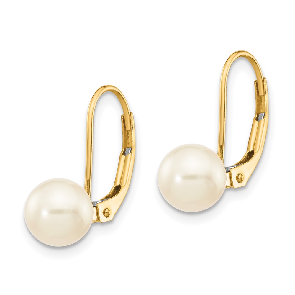 14K 6-7mm White Round Freshwater Cultured Pearl Leverback Earrings (XF322E)