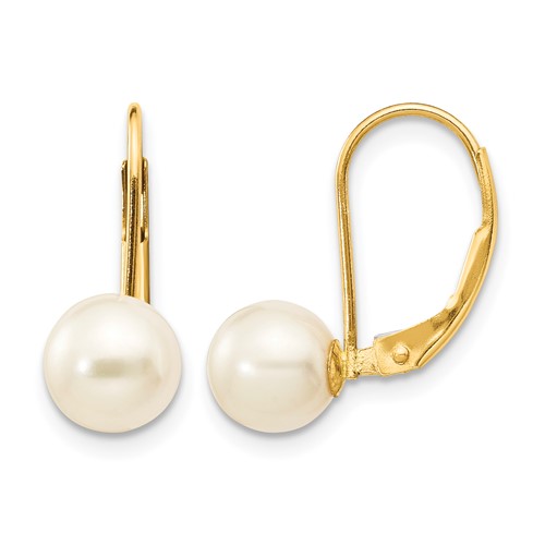 14K Yellow Gold 6-7mm White Round Freshwater Cultured Pearl Leverback Earrings
