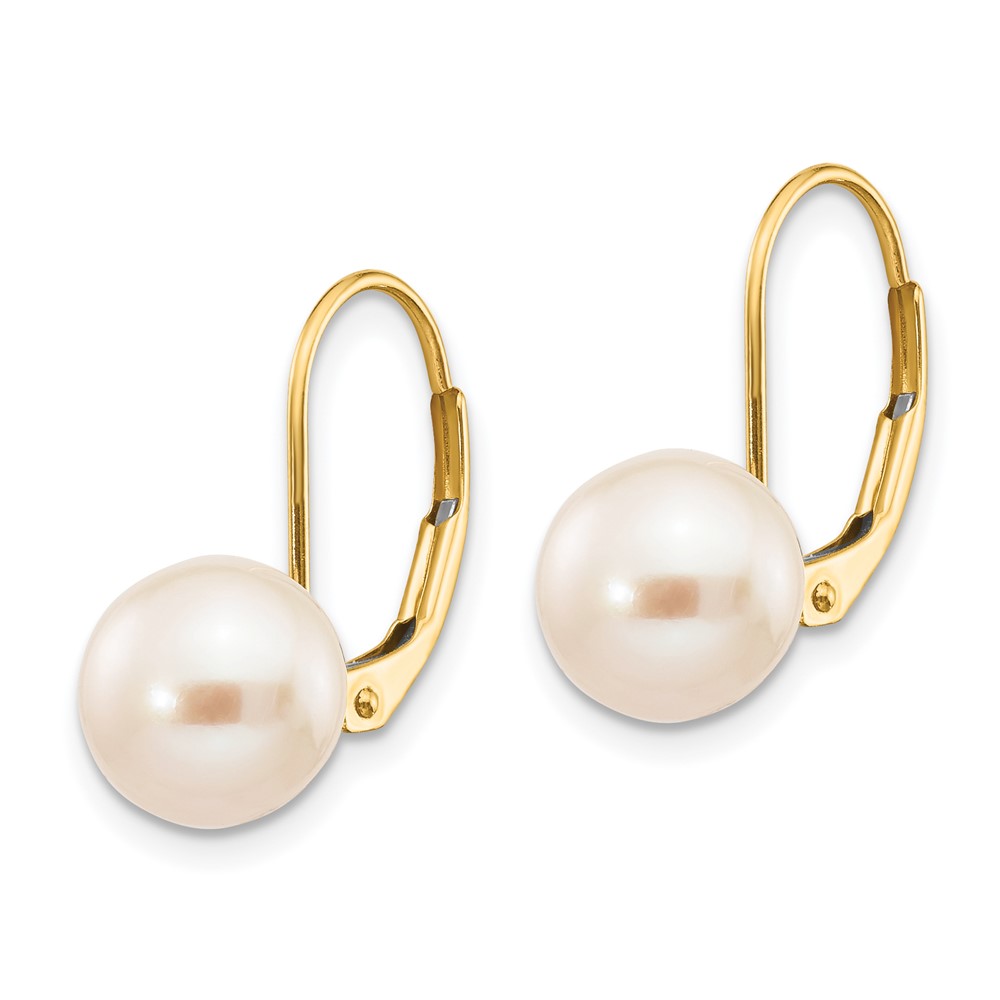 14K 8-9mm White Round Freshwater Cultured Pearl Leverback Earrings (XF324E)