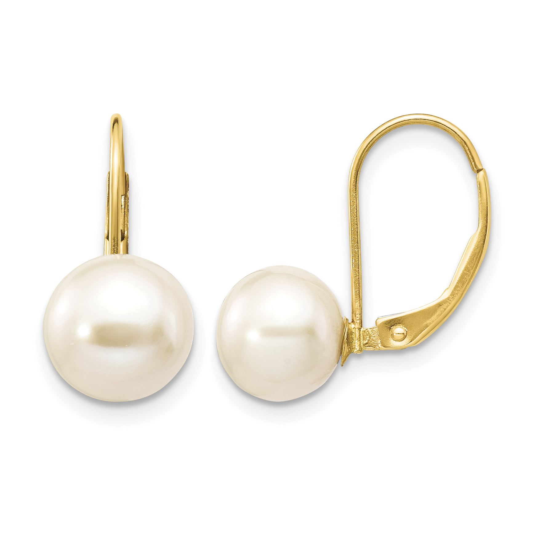 14K 8-9mm White Round Freshwater Cultured Pearl Leverback Earrings (XF324E)