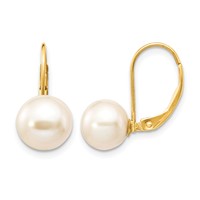 14K Yellow Gold 8-9mm White Round Freshwater Cultured Pearl Leverback Earrings view 1