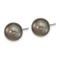 14K White Gold 9-10mm Black Round Tahitian Saltwater Cultured Pearl Post Earrings view 2