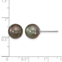 14K White Gold 9-10mm Black Round Tahitian Saltwater Cultured Pearl Post Earrings view 4