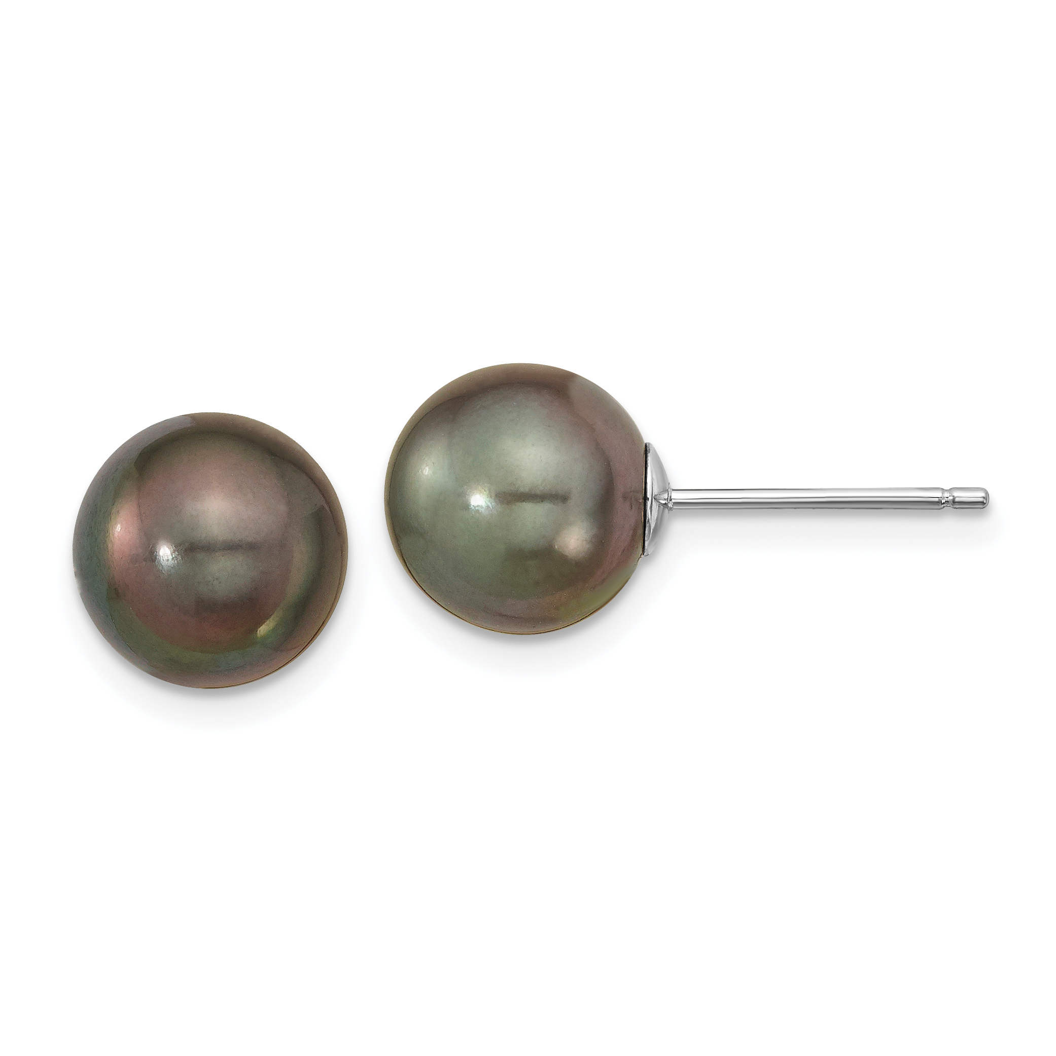 14k White Gold 9-10mm Black Round Tahitian Saltwater Cultured Pearl Post Earrings (XF327E)