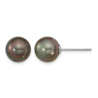 14K White Gold 9-10mm Black Round Tahitian Saltwater Cultured Pearl Post Earrings view 1