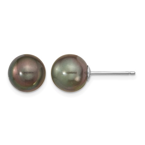 14K White Gold 9-10mm Black Round Tahitian Saltwater Cultured Pearl Post Earrings