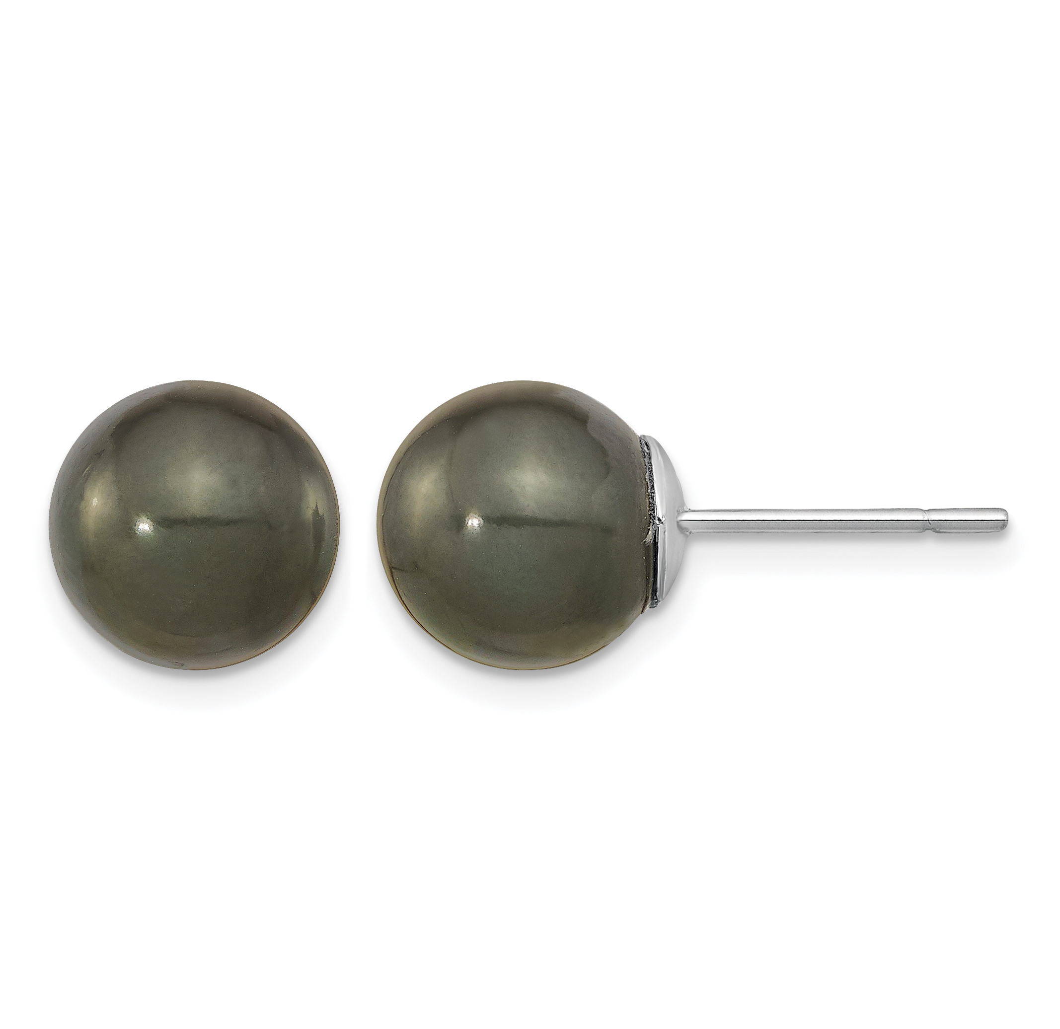14k White Gold 10-11mm Black Round Tahitian Saltwater Cultured Pearl Post Earrings (XF328E)