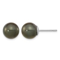 14K White Gold 10-11mm Black Round Tahitian Saltwater Cultured Pearl Post Earrings view 1