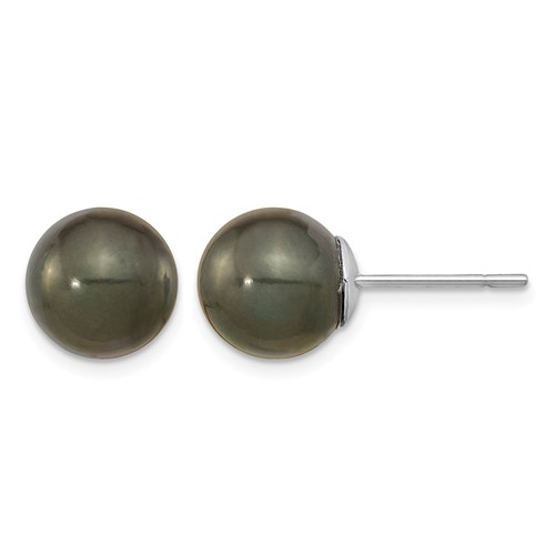 14K White Gold 10-11mm Black Round Tahitian Saltwater Cultured Pearl Post Earrings