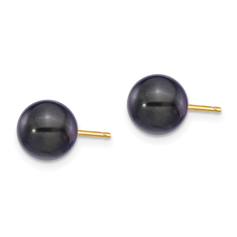 14k 7-8mm Black Round Akoya Saltwater Cultured Pearl Post Earrings (XF329E)