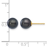 14K 7-8mm Black Round Akoya Saltwater Cultured Pearl Post Earrings view 4